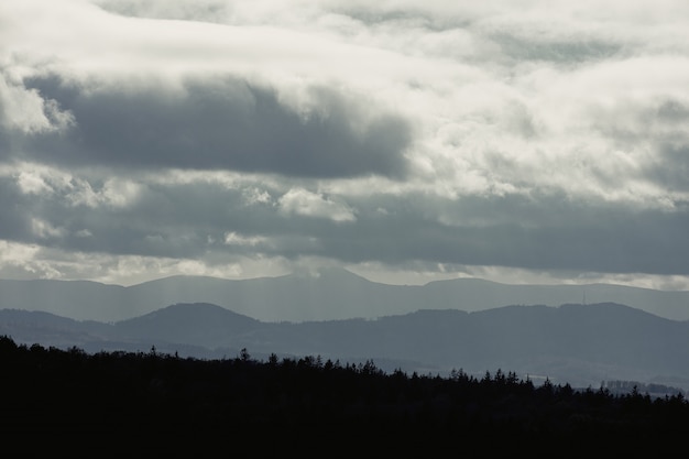 View on Beskids mountains in sunset time