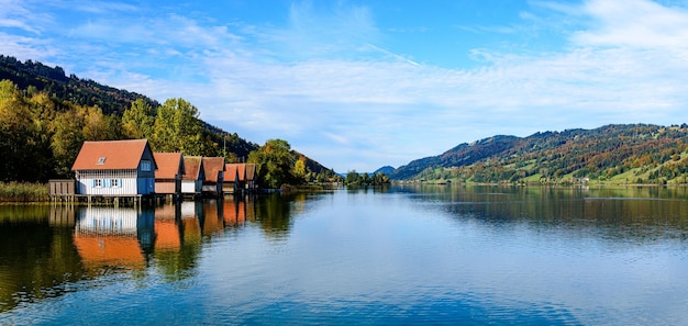 View on big Grosser Alpsee lake by Immenstadt im Allgau with wooden hauses blue sky Bavaria Germany