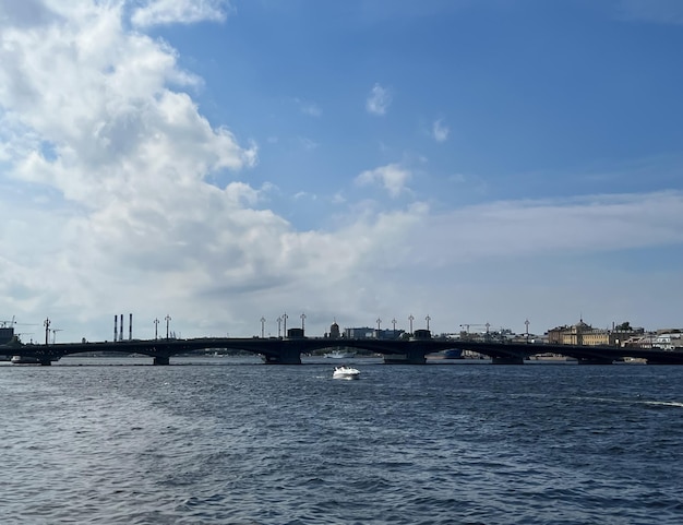 View of the blagoveshchensky bridge on the neva river in st petersburg