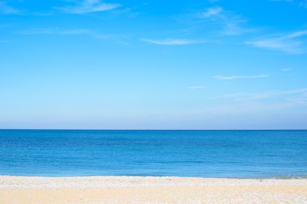 View of the blue expanse of the sea and the blue sky with clouds from the beach. Clear horizon. Great for design and texture background.