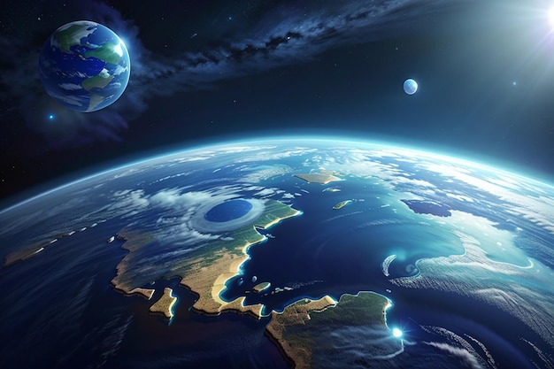 View of blue planet earth in space 3d rendering