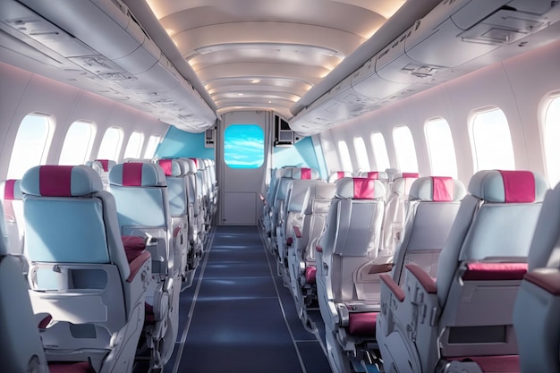 View of blurred empty passenger airplane seats in the cabin in blue colored blurred of empty seat in the aircraft