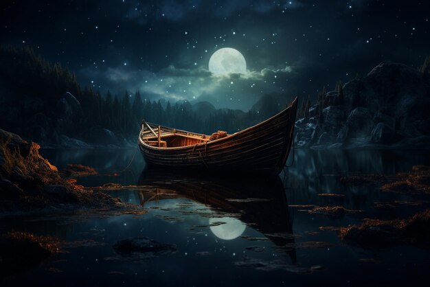 Foto vista di una barca sull'acqua di notte