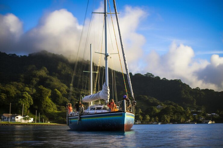 Photo view of boat on water with rainbow