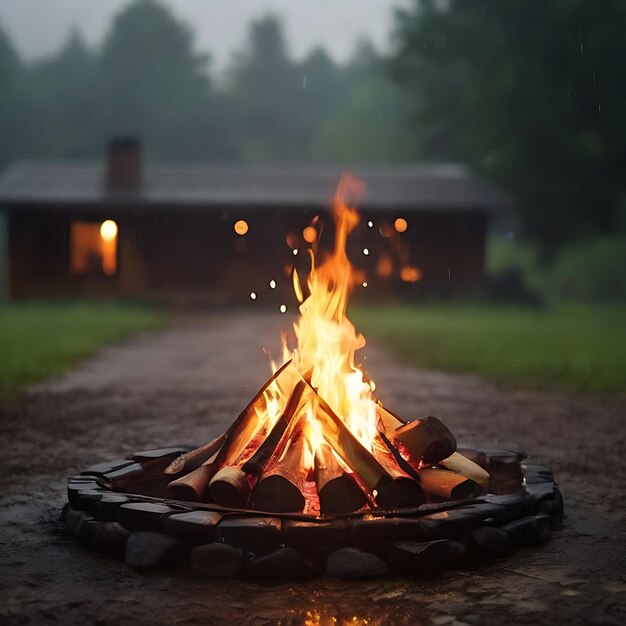 a view of a bonfire and light rain generated by AI