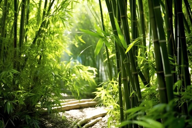 View of botanical green bamboo tropical forest in daylight oriental bamboo grove in china japanese