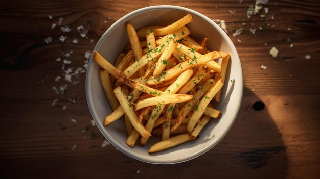 A view of a bowl of rustic garlic french fries
