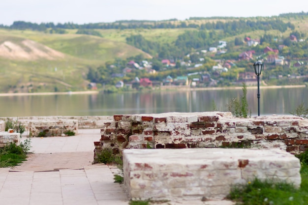 View of the brick wall ruins and landscape in Sviyazhsk