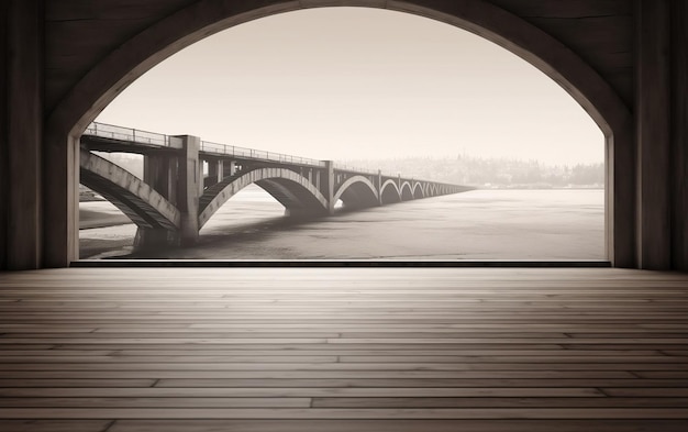 A view of a bridge from a window with a view of the river.