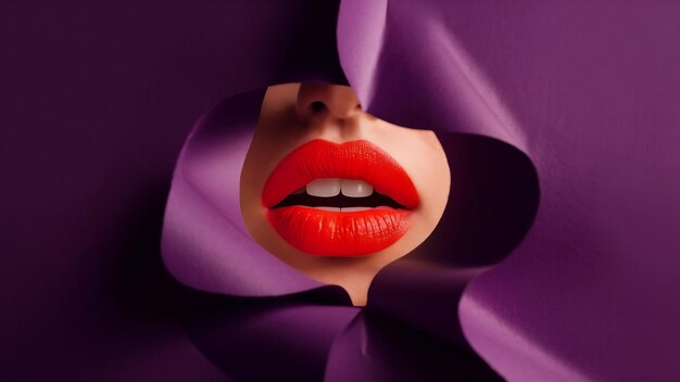 Photo view of bright lips through hole in violet paper background