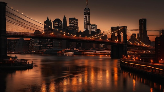 Вид на Бруклинский мост и горизонт Манхэттена