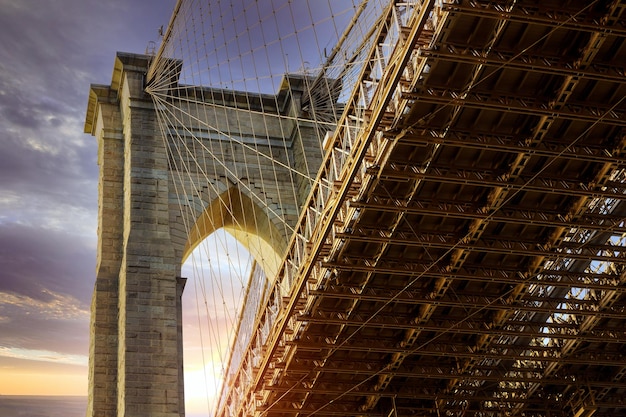 View brooklyn bridge with beautiful sunset in new york city us