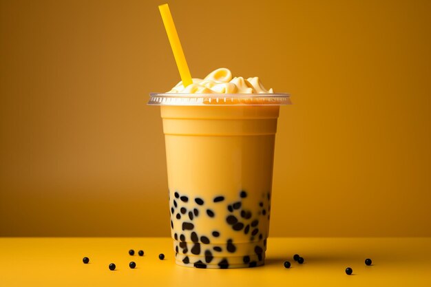 Photo view of bubble tea in plastic cup with straw