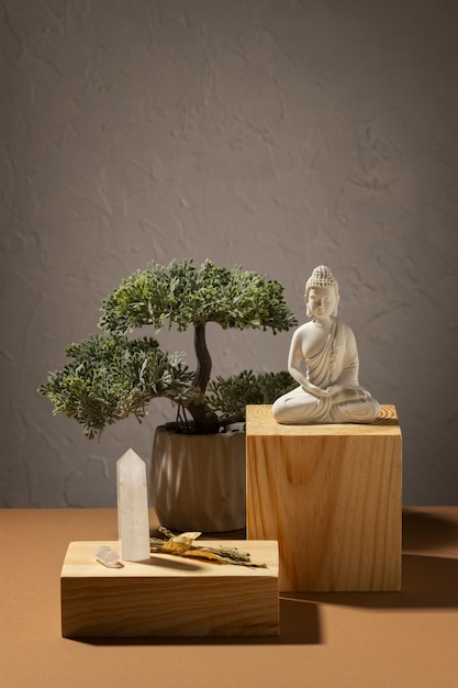 Photo view of buddha statuette with bonsai tree