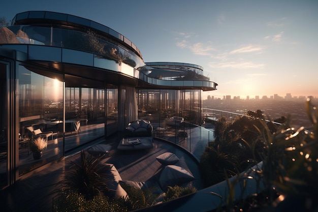 A view of a building with a balcony and a view of the city skyline.