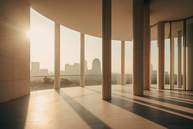 A view of a building with columns and a cityscape in the background