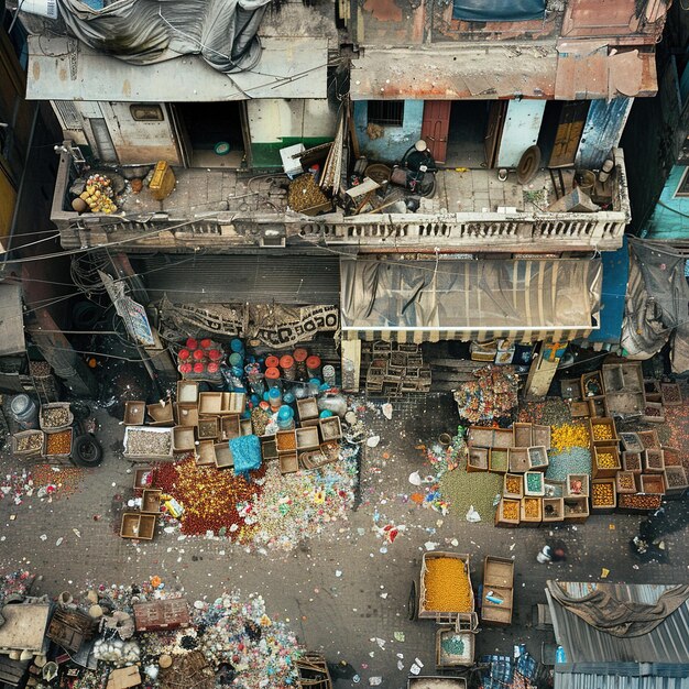 a view of a building with a lot of stuff on the ground