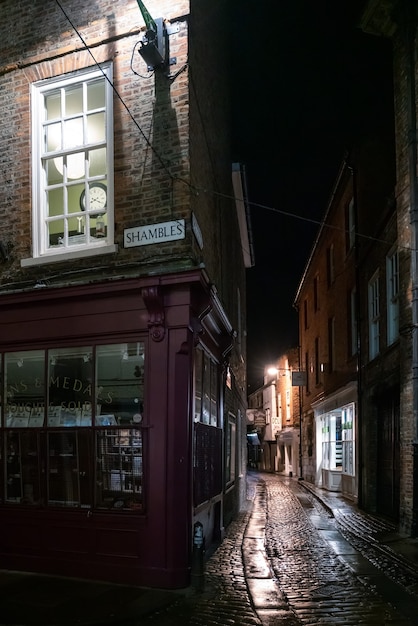 View of buildings and architecture in the Shambles area of York