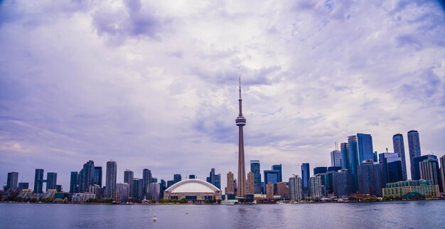 View of buildings in city against cloudy sky