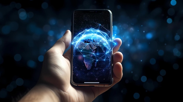 Photo view of a businessman holding a smart phone with earth globe 3d rendering