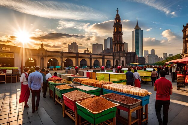 A view of a busy market with a city in the background