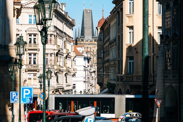 View of busy street at Mala Strana Lesser Town district of Prague Czech Republic