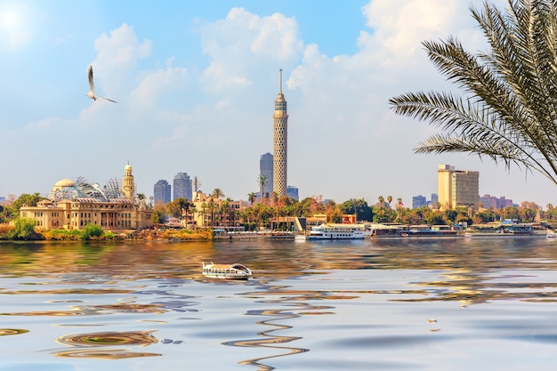 View on the Cairo Tower in Gezira island in the Nile, Egypt.