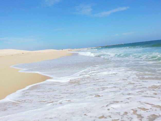 View of calm beach against blue sky