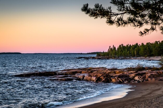 Photo view of calm beach against clear sky at sunset