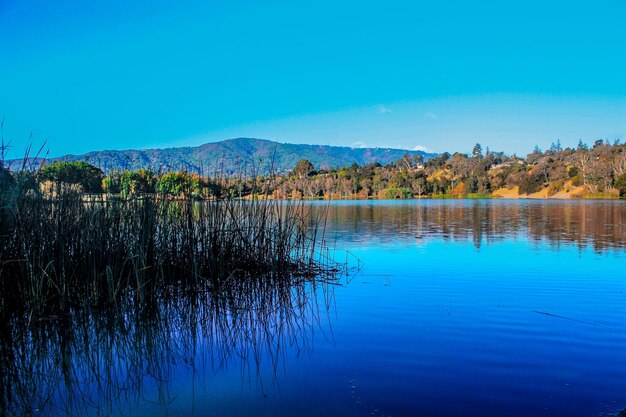 View of calm lake against blue sky