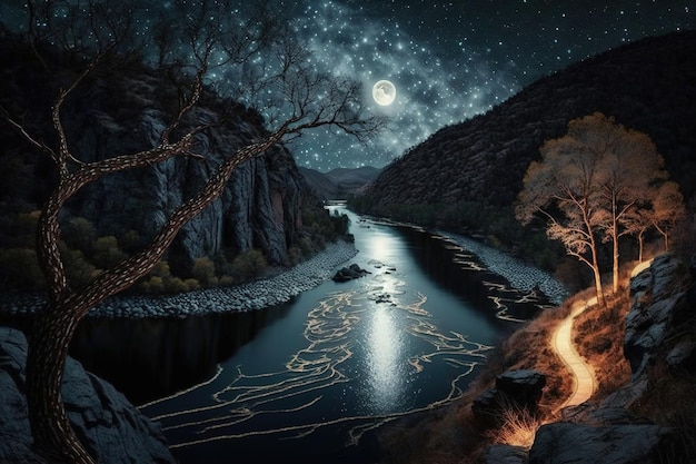 view of the calm river in a moonlit night.Generative Ai