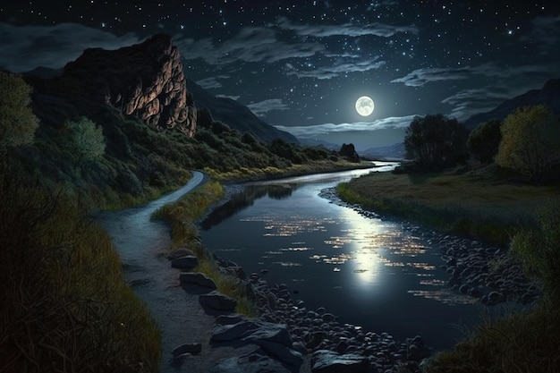 view of the calm river in a moonlit night.Generative Ai