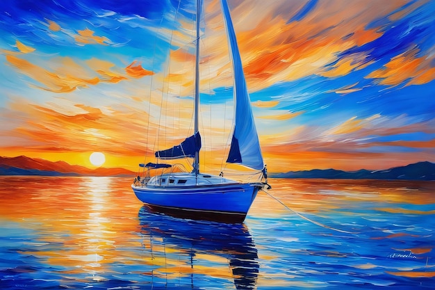 View of the calm sea and a sailboat at sunset Canvas painting Poster Printable quality