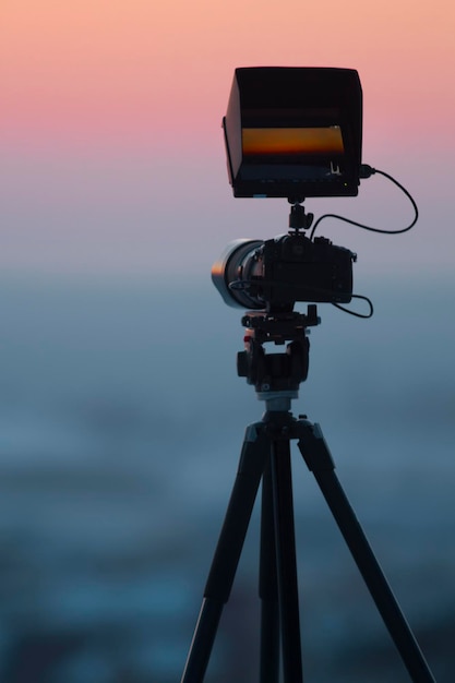 View of camera on tripod shooting beautiful winter landscape