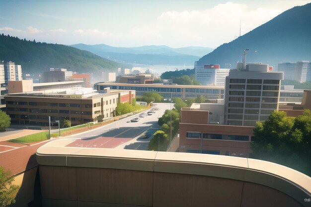 A view of the campus from the roof of the building.