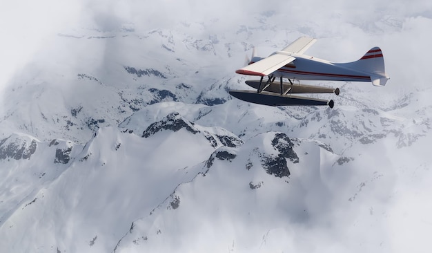 水上飛行機が飛んでいるカナダの山の風景の眺め