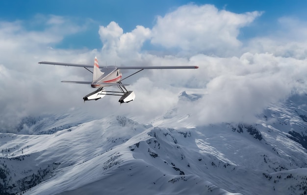 View of Canadian Mountain Landscape with Seaplane Flying