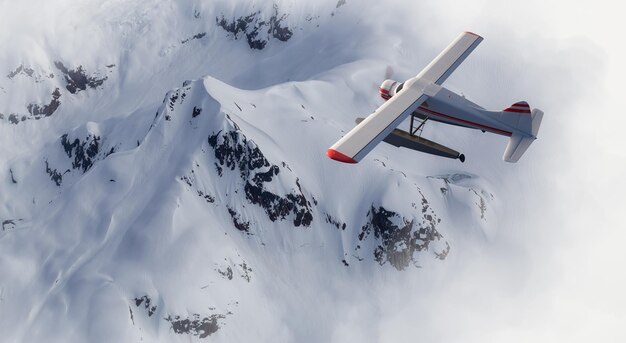 View of Canadian Mountain Landscape with Seaplane Flying