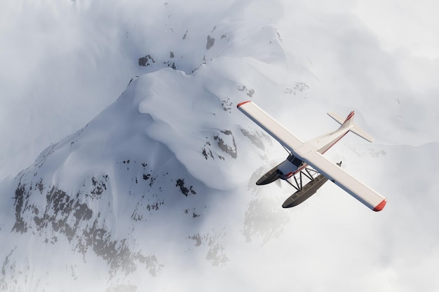 水上飛行機が飛んでいるカナダの山の風景の眺め