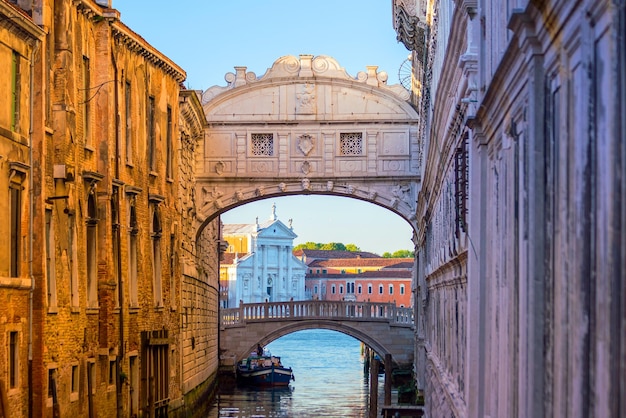 View of canal and the famous Bridge of Sighs in Venice Italy