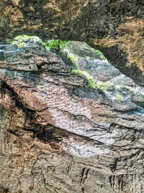 View of the canyon in the mountain gorge on the way to the Saltinsky waterfall Russia Dagestan June 2021