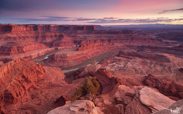 a view of a canyon with a river in the distance