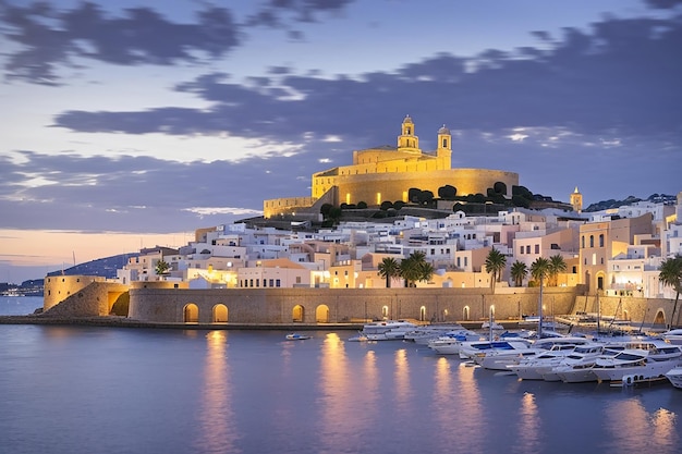 View of Cathedral and Dalt Vila from harbour at dusk UNESCO World Heritage Site Ibiza Town Eivissa Balearic Islands Spain Mediterranean Europe