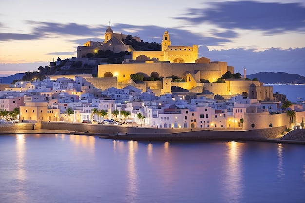 View of Cathedral and Dalt Vila from harbour at dusk UNESCO World Heritage Site Ibiza Town Eivissa Balearic Islands Spain Mediterranean Europe