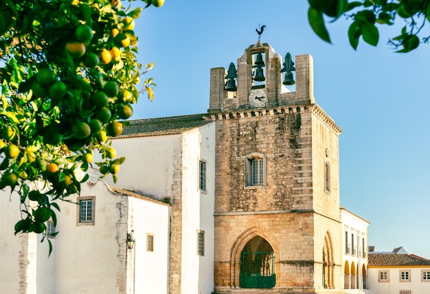 View of the cathedral tower in Faro, Algarve, Portugal framed by orange leaves.