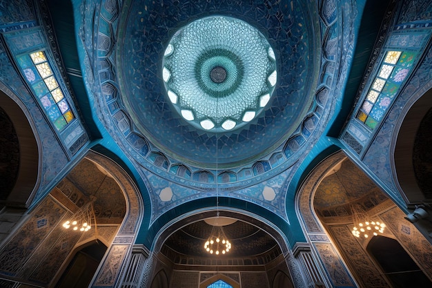 A view of the ceiling of a mosque with the blue dome above it