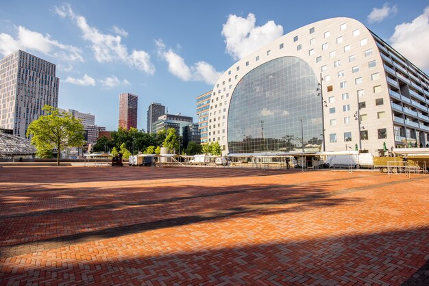 View on the central square and market hall during the morning in Rotterdam city