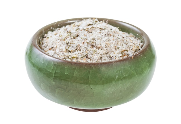 View of ceramic salt cellar with seasoned salt