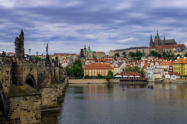 View of the Charles Bridge and Old Town Bridge Tower in Prague Czech Republic