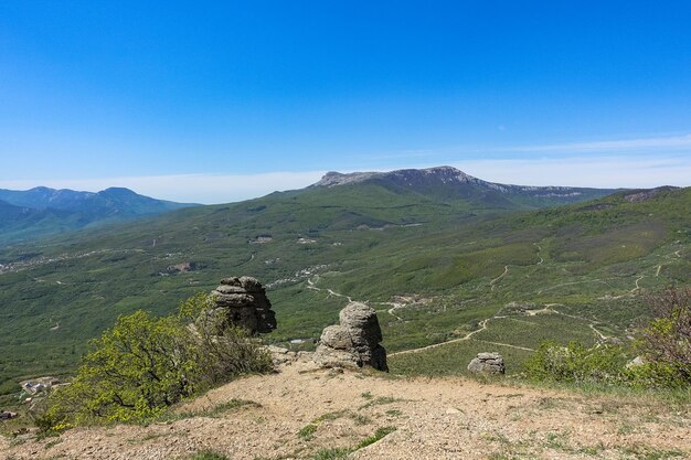 View of the ChatyrDag plateau from the top of the Demerdzhi mountain range in Crimea Russia